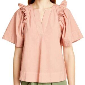 Sea New York Size 2 Salmon Pink Ruffled Sleeve Split V-Neck Blouse Top Feminine